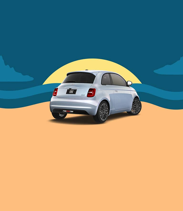 A passenger-side rear angle of a marine blue 2024 Fiat 500e Inspired By Los Angeles with an illustrated background.