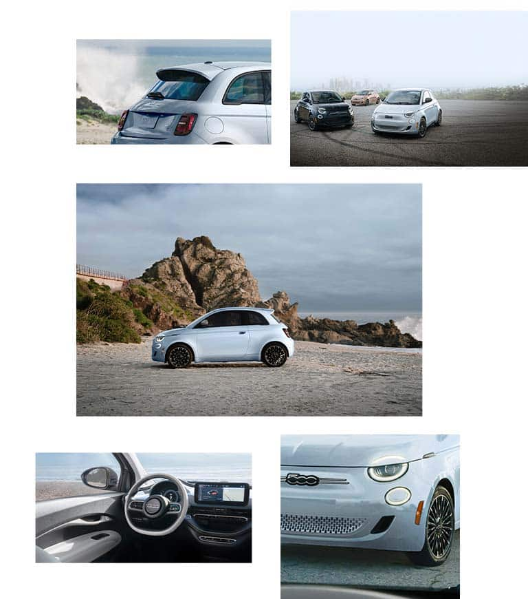 A set of five shots of the 2024 Fiat 500e Inspired By Los Angeles, clockwise from center: A driver-side profile parked on a beach with sea stacks in the background, the steering wheel, the headlamp and partial front end, a set of each of the Fiat 500e Inspired By models and the rear window and liftgate.